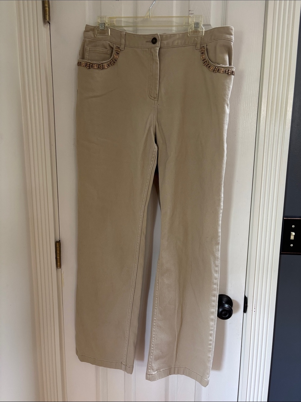 Charter Club Beige Straight-Leg Jeans with Beaded Pocket Trim
